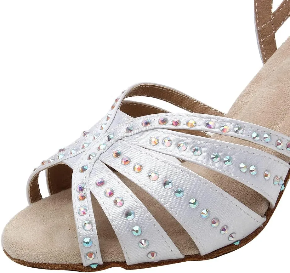 Women's Rhinestone Ballroom Dance Shoes Open Toe Latin Salsa Bachata Performance Dancing Shoes 3 Inch Heel