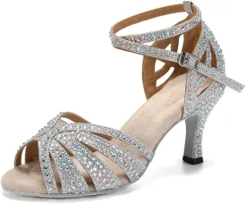 Women's Rhinestone Ballroom Dance Shoes Open Toe Latin Salsa Bachata Performance Dancing Shoes 3 Inch Heel