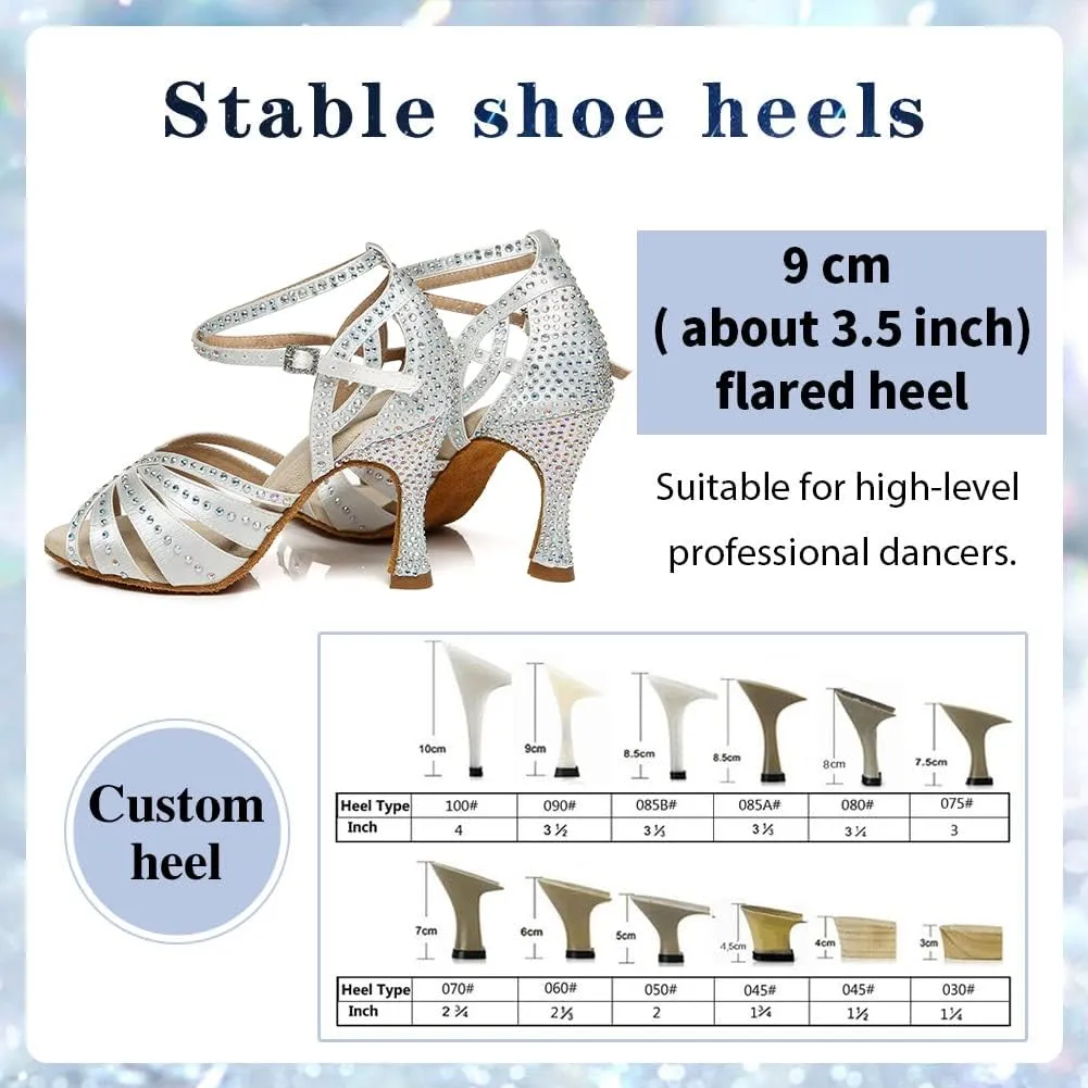 Women's Rhinestone Ballroom Dance Shoes Open Toe Latin Salsa Bachata Performance Dancing Shoes 3 Inch Heel